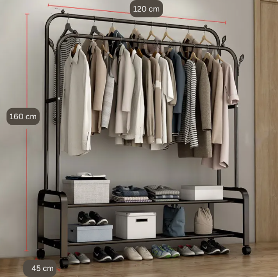 Double Pole Movable Clothing Hanger with Wheels